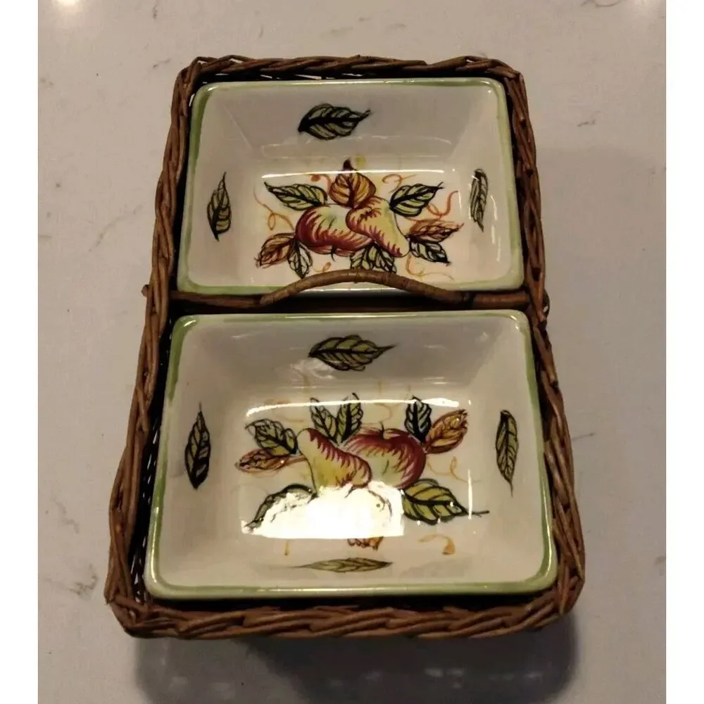 Vtg. Two Ceramic Serving Dishes In Divided Wicker Basket Japan Harvest Theme.